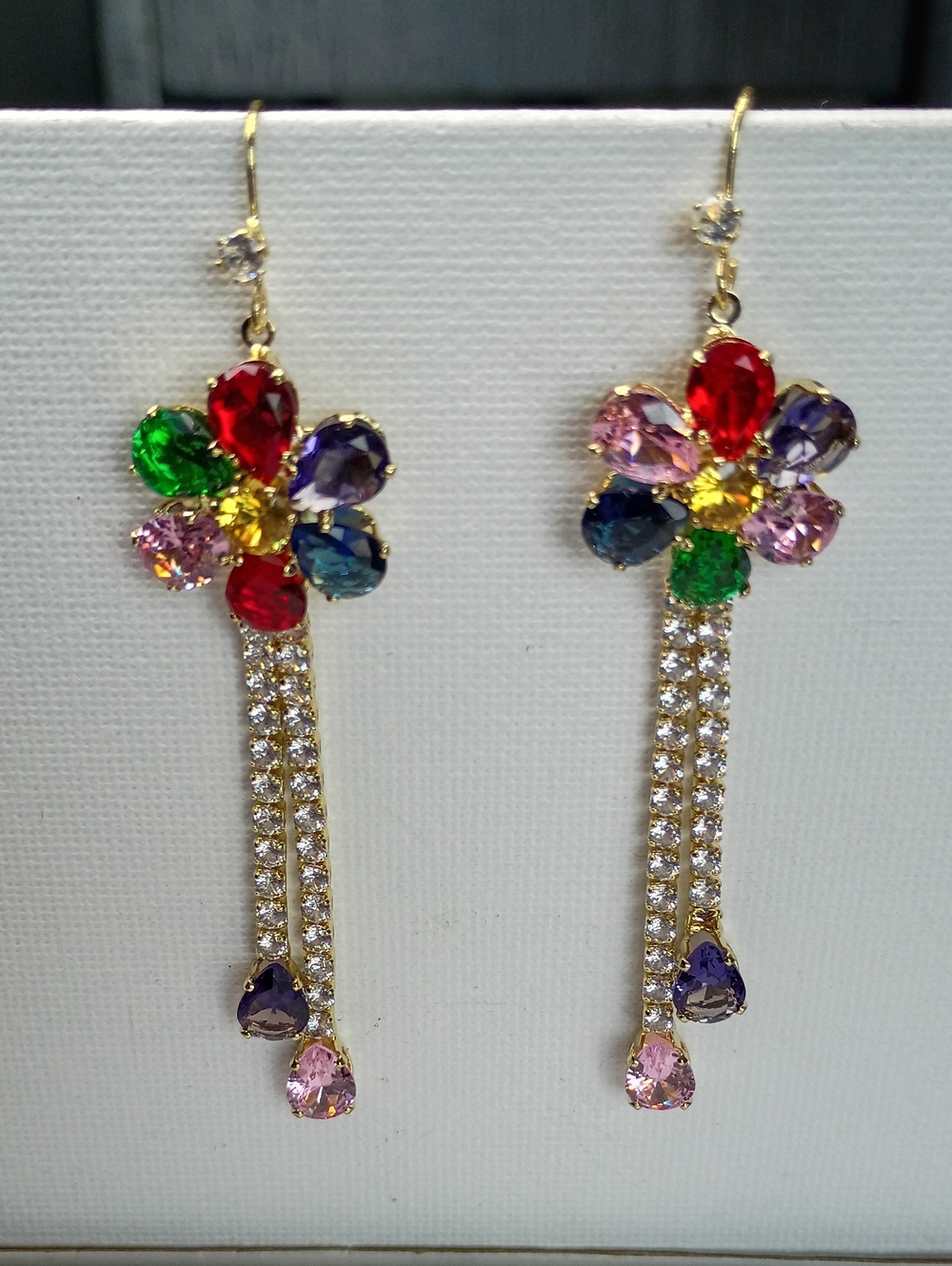 New Multicolor Crystal Flower Drop Earrings - Gold Tone